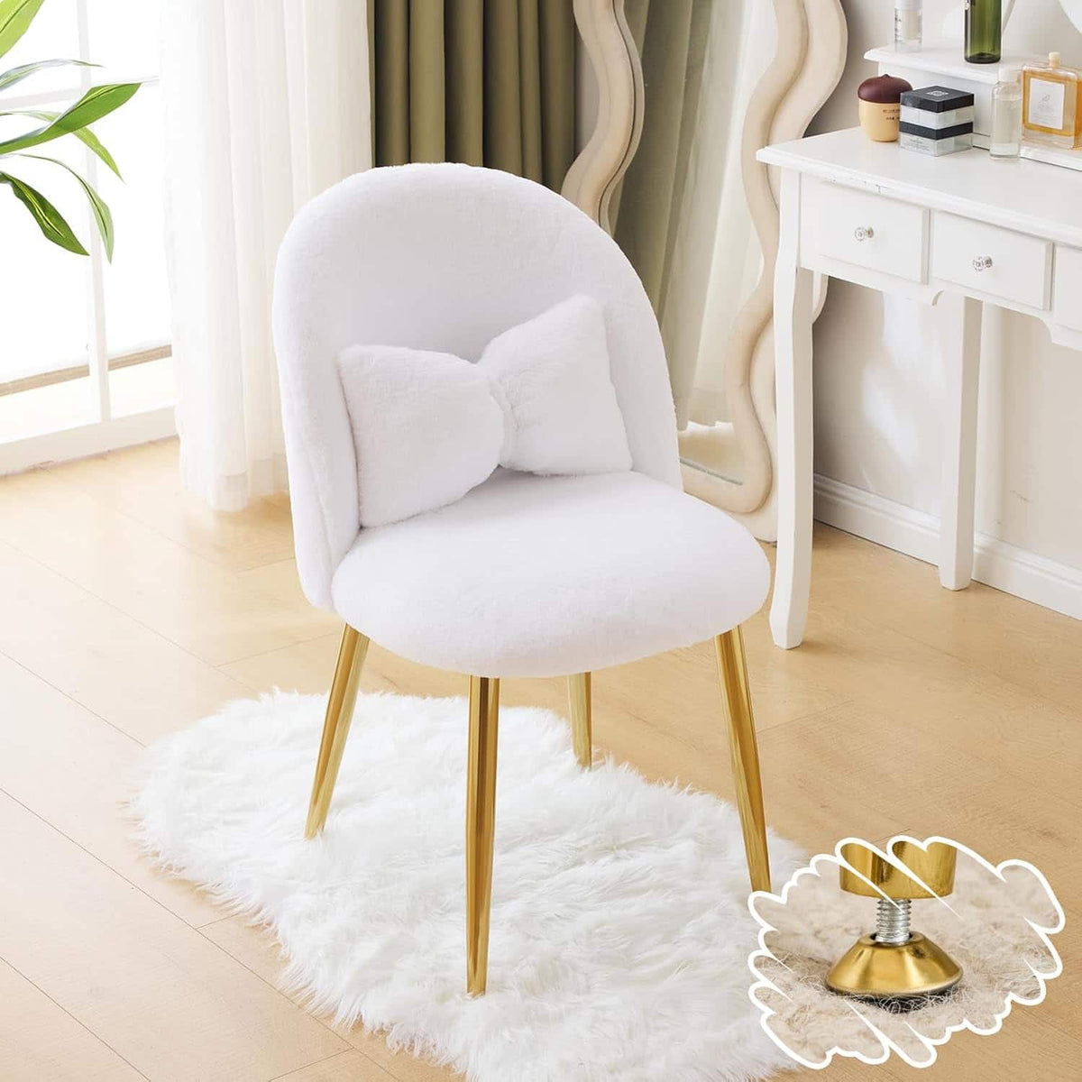 Winado - Girls Vanity Chair with Back & Pillow No Wheels Cute Small Cozy Comfy Makeup Chair with Ajustable Gold Legs for Bedroom - White-plush