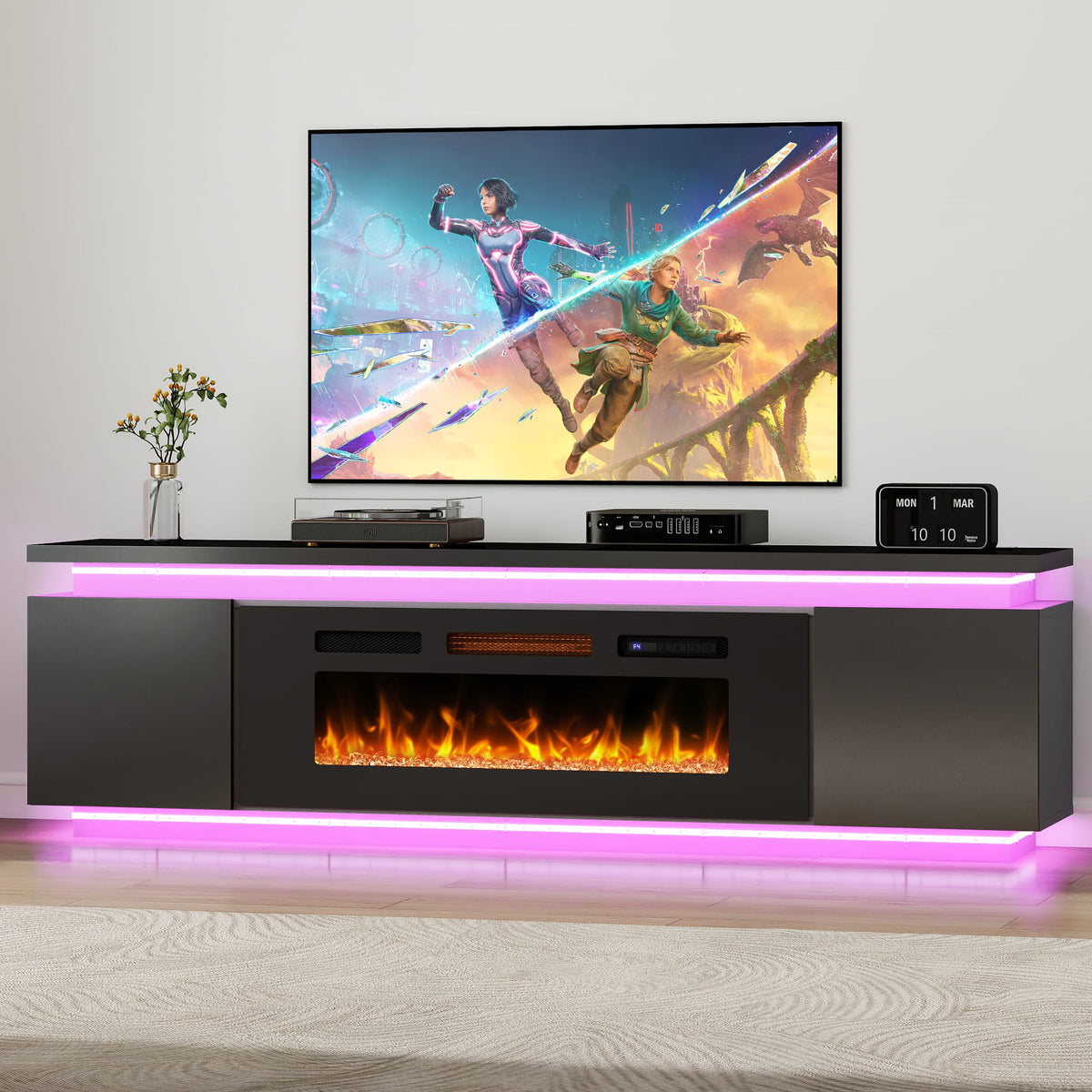 Skyzoo - Electric Fireplace TV Stand for TVs up to 80" with LED Lights & 4 AC Power Outlets, TV console for Living Room - Black