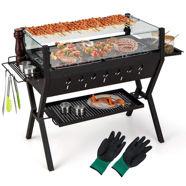 Costway - Stainless Steel Barbecue Charcoal Grills with Seasoning Racks & Storage Shelf - Brown