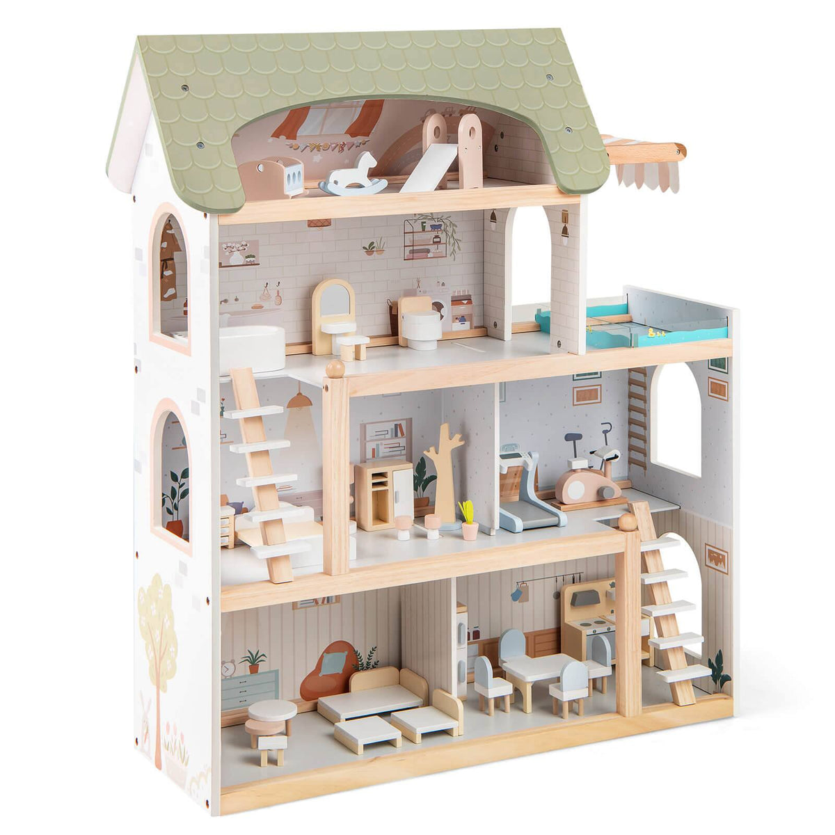 Costway - Kids Wooden Dollhouse 4-Story Modern Doll House with 33Pcs Furniture Accessories - Green