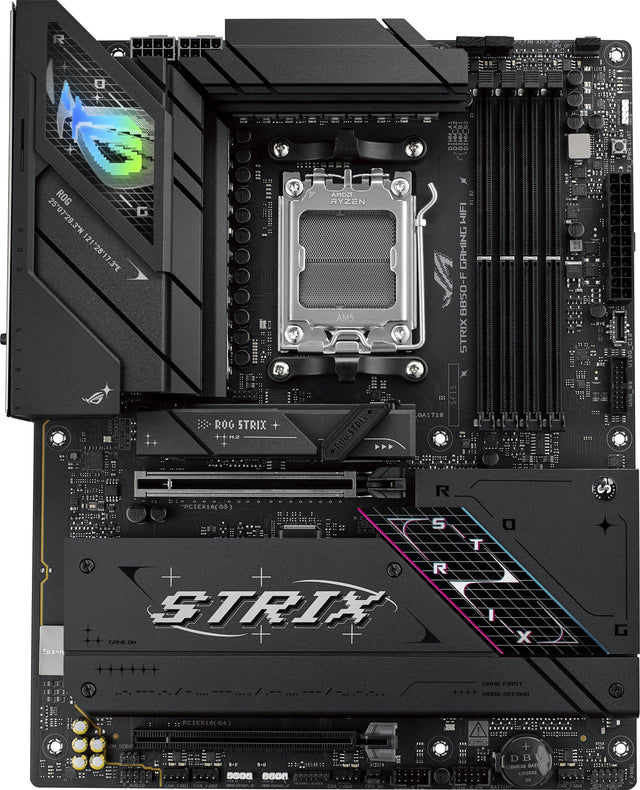 The image features a computer motherboard with the brand name "STRIX" on it. The motherboard is designed for the AMD Ryzen AM5 processor and has a black and purple color scheme. The motherboard is equipped with a variety of ports, including USB, HDMI, and PCIe. The image also shows a CPU cooler and a RAM module installed on the motherboard.