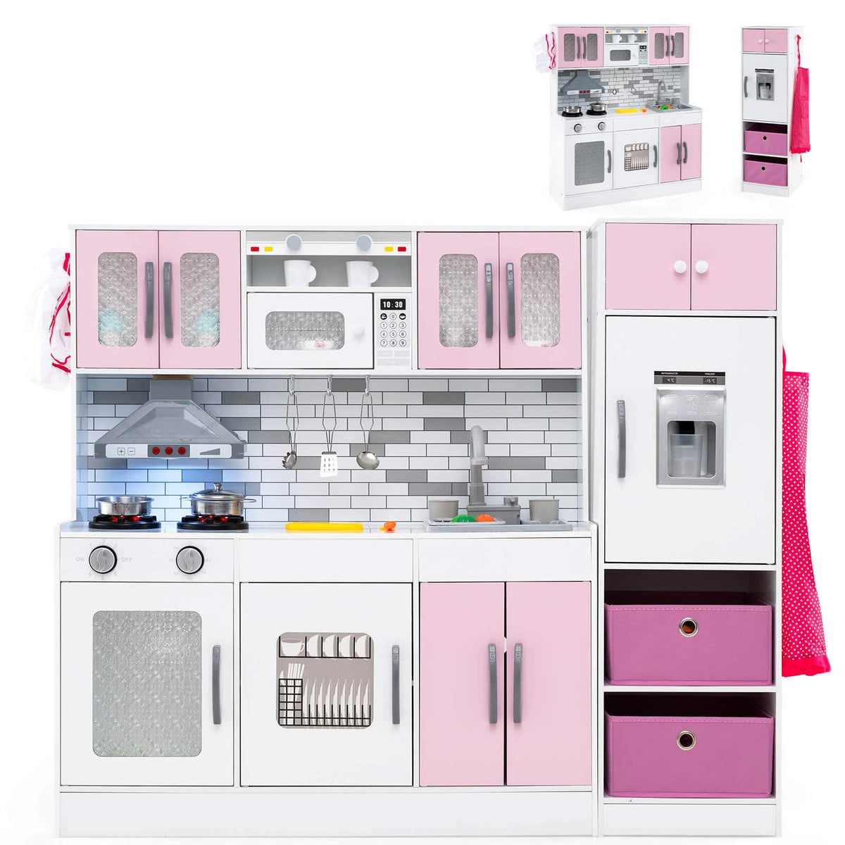 Costway - Wooden Kitchen Playset w/Lights Sounds Interactive Features Storage Accessories - Pink,White