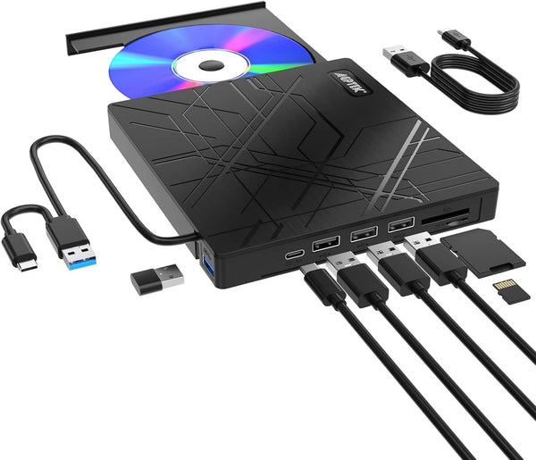 AGPtek - 8 in 1 External CD/DVD Drive for Laptop, USB 3.0 Ultra Slim Portable CD Burner with 4 USB Ports - Black