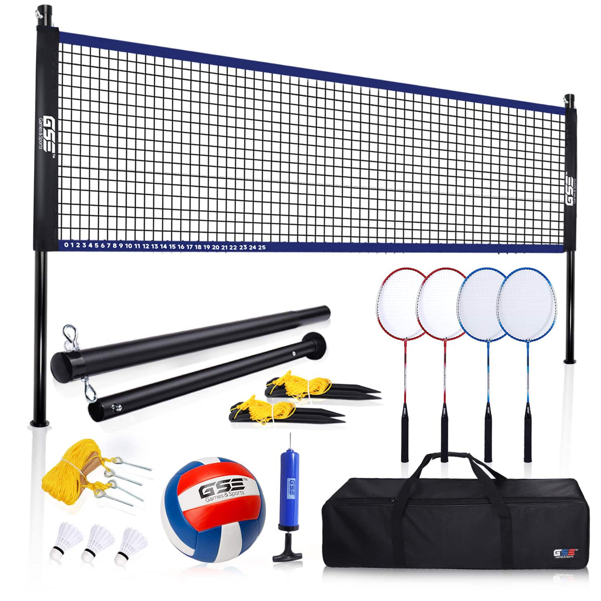GSE Games & Sports Expert - Volleyball and Badminton Combo Set with Net,4 Rackets,3 Birds,PU Volleyball and Carrying Bag(Recreational) - Blue