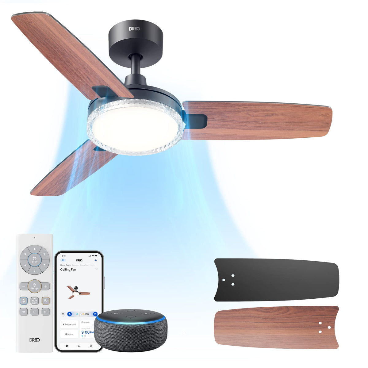 DREO - 42 in. Indoor White Standard Ceiling Fan, Downrod Mount with Light and Remote