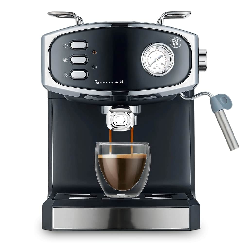 Plum Chef - 20-Bar Semi-Automatic Espresso Machine with Milk Frother, Pressure Gauge, 1.5L Water Tank, ESE Pod Compatible - Black