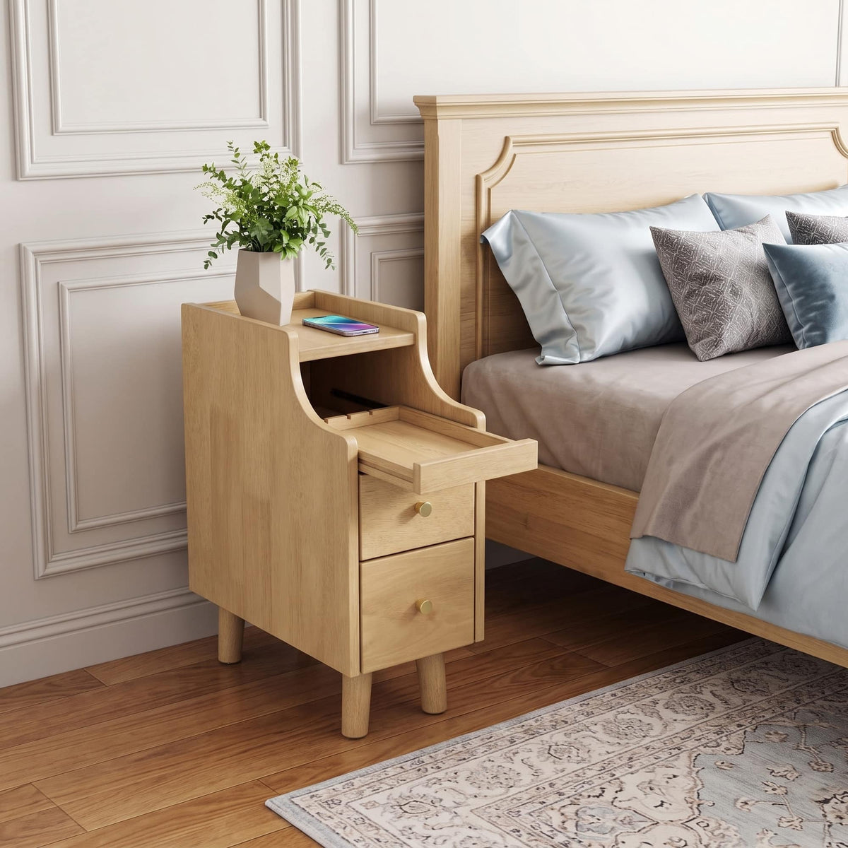 WELLFOR - Narrow Solid Wood Nightstand with Pull-out Tray and 2 Storage Drawers - Natural