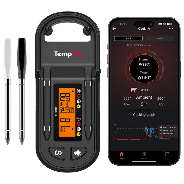 15:18 Cooking 5G 41 ... Black White Time remaining: TempPro Internal 80.6 Target 140 8 Sirloin BOOSTER Meat R W B W 160 120 225 Ambient 250 Low 81 High Cooking graph Time 42M:505 Internal BO8 Ambient 8 80 40 S Home Settings Shop