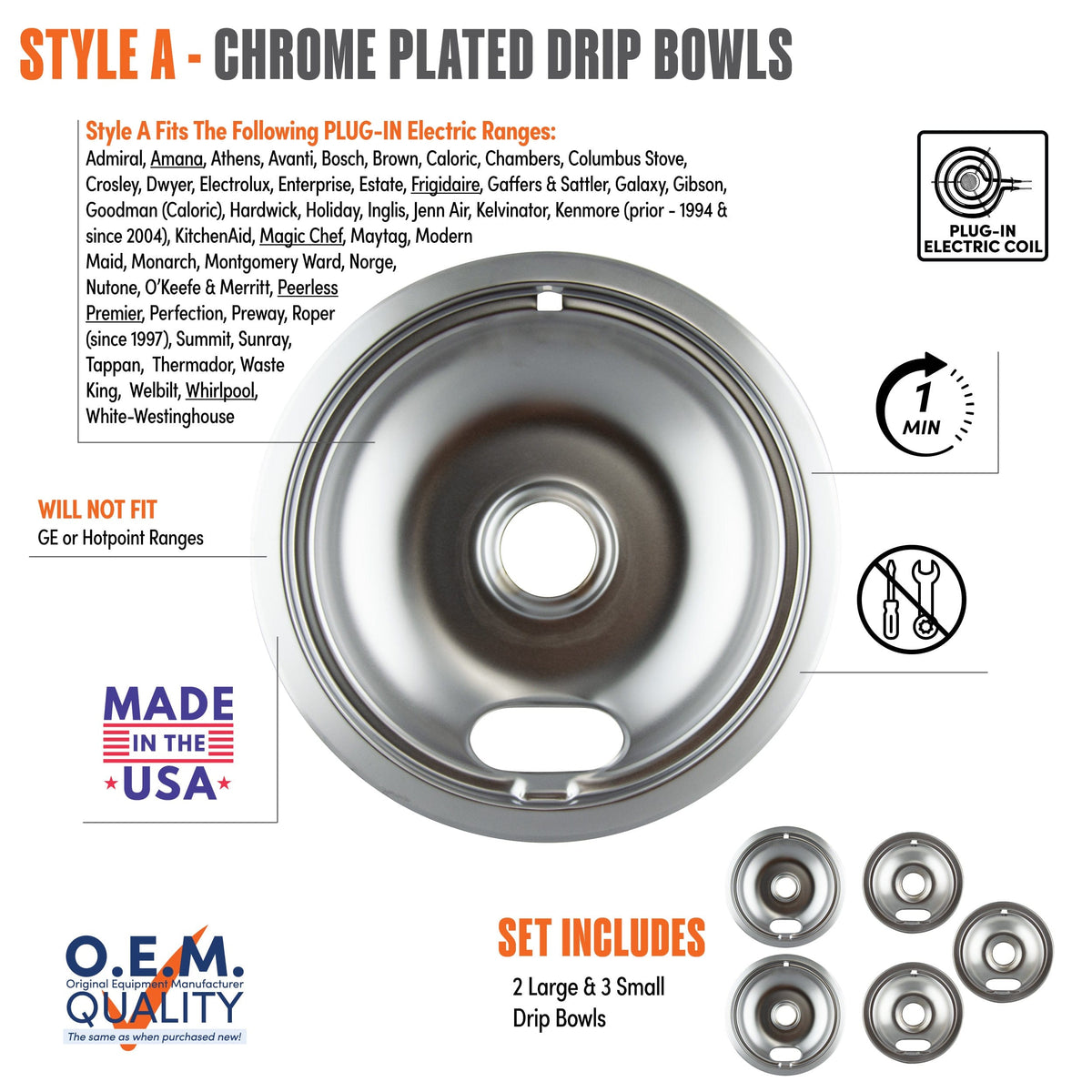 Range Kleen - 12565X Style A 5pk Economy Chrome Plated Drip Bowls, 2 Large and 3 Small
