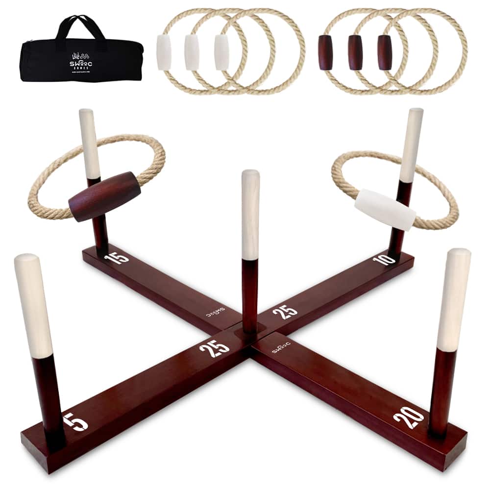 Swooc Games - XL Ring Toss Game (3ft x 3ft) All Weather - New Zealand Pine - With 15+ Games - Yard Games for Adults - Backyard Games - Brown