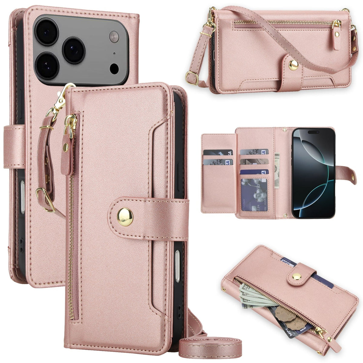 Dteck - Zipper Wallet Case for Apple iPhone 17 Pro,Crossbody Faux Leather Folio Cover with Card Holder Kickstand - Rosegold