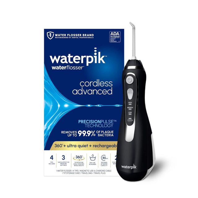 -1 WATER FLOSSER BRAND ADA RECOMMENDED BY DENTAL PROFESSIONALS Accepted Aerisa I -n waterpik iN waterflosser cordless advanced MODE - MEGIUM LOW PRECISIONPULSE TM TECHNOLOGY REMOVES OF PLAQUE UP TO 99.9% BACTERIA 360+ ultra quiet + rechargeab 4 3 360 45 - IPS SAFE 4 EPTECTIV - ROTATION -A UM SECONDS TEAR INCLLANO PESSURE RSA BEACHS  MOTER wAR . SN SETTRUS - MOT CAPACITY waterpik 1 WATER LOSSER I 4 TIPS MAGNETIC US8-A CHARGING CABLE I TIP STORAGE CASE - TRAVEL BAG TRAVEL PLUG