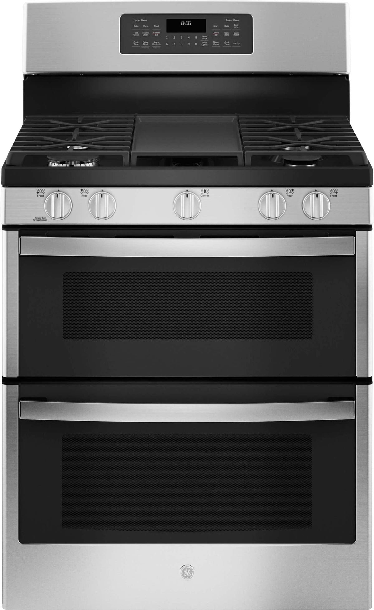GE - 30 in. Wide 5 Burners 6.8 Cu. Ft. Freestanding Double-Oven Gas Convection Range with Self-Steam Cleaning and Air Fry - Stainless Steel