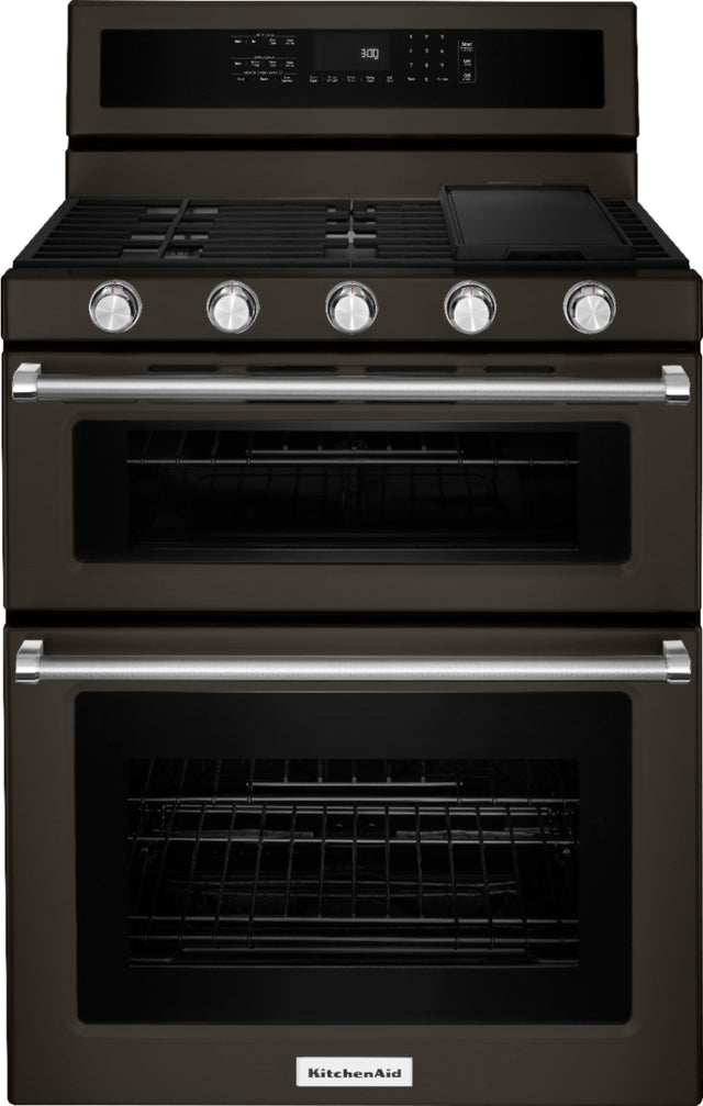 Front. KitchenAid - 6.0 Cu. Ft. Self-Cleaning Freestanding Double Oven Gas Convection Range - Black Stainless Steel.