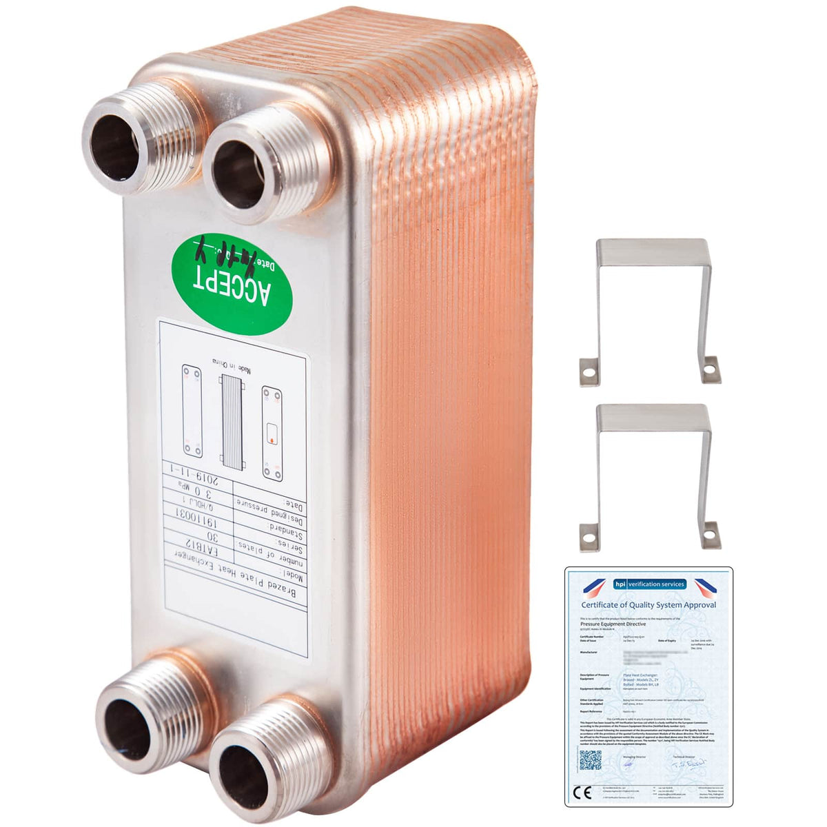 VEVOR - Heat Exchanger 3\"x7.5\" 30 Plates Brazed Plate Heat Exchanger 316L 3/4\" MPT Heat Exchanger B12-30 Beer Wort Chiller - Red-brown