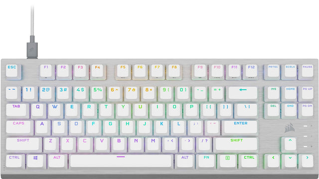 The image shows a close-up view of a computer keyboard with a colorful design. The keyboard has a purple and white color scheme, and it features a variety of keys, including letters, numbers, and function keys. The keys are arranged in a standard layout, with the letters and numbers occupying the majority of the space. The keyboard is designed to be visually appealing and easy to use for typing and navigating on a computer.