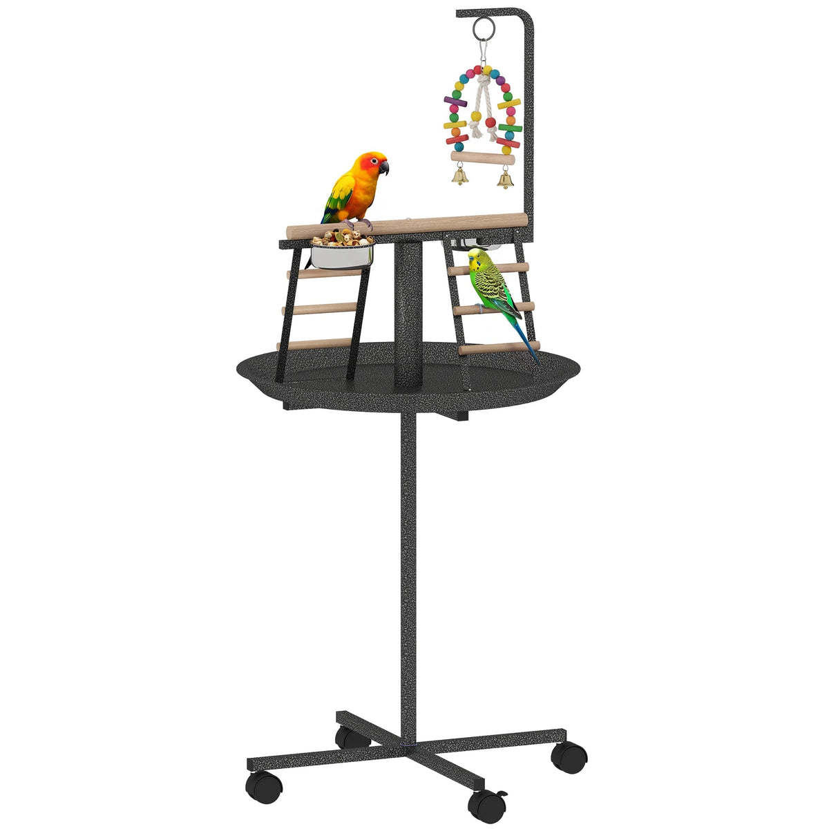 Pawhut - Stand with Wheels Parrot Play Stand with Round Tray Stainless Steel Feed Bowls Indoor Outdoor Dark - Dark Gray, Natural Wood