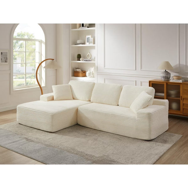 Front. Meqiodas - 93.7'' Modern Boneless Sofa Couch, Corduroy Modular Sectional Sofa With L-Shape Chaise, No Assembly Required - White.