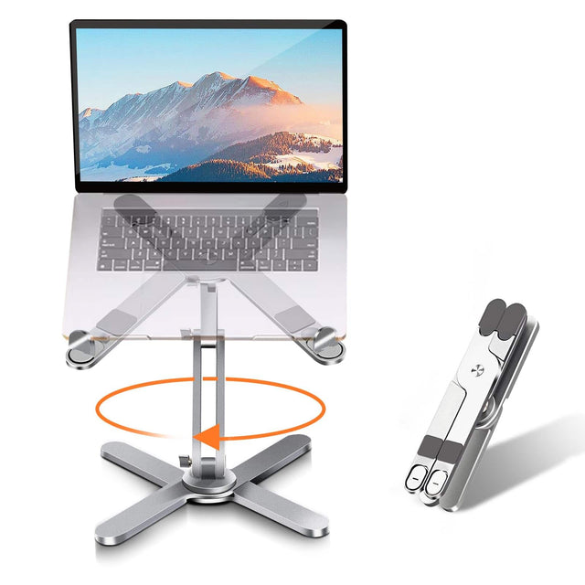 Front. PRIMEPLUS - 360° Rotating Laptop Stand, Ergonomic Foldable Metal Riser, Adjustable Height/Angle for MacBook & 16" Laptops - Silver.