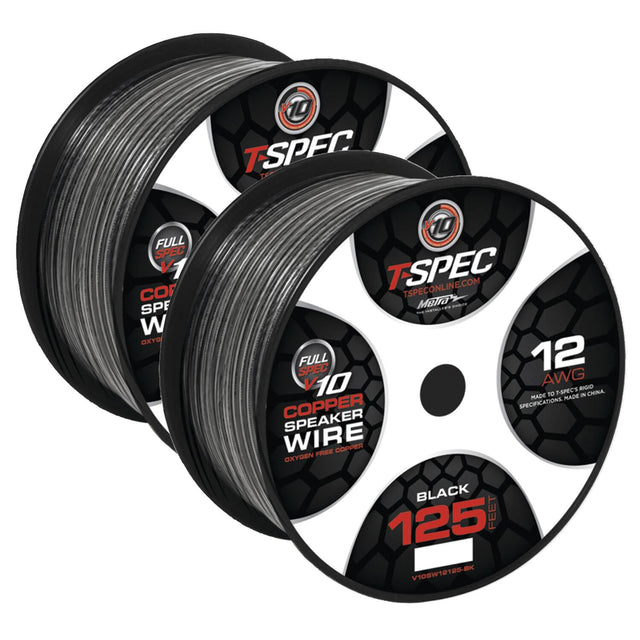 10 T-SPEC FULL SPEC 1 CO SPF W/OXYO  
10 TSPEC TSPECONLINE.COM  
I - SPEC FULL 12 V 10 AWG RIVO TO T-SPECS IN CHINA MADE MADE COPPER SPECIFICATIONS.  
SPEAKER WIRE FREE COPPER OXYGEN BLACK 125 FEET V109W18125-BK  

---

10 T-SPEC  
FULL SPEC V1  
COPPER SPEAKER WIRE  
OXYGEN FREE COPPER  

12 AWG  
MADE TO T-SPEC'S RIGID SPECIFICATIONS. MADE IN CHINA.  

BLACK 125 FEET  
V109W18125-BK