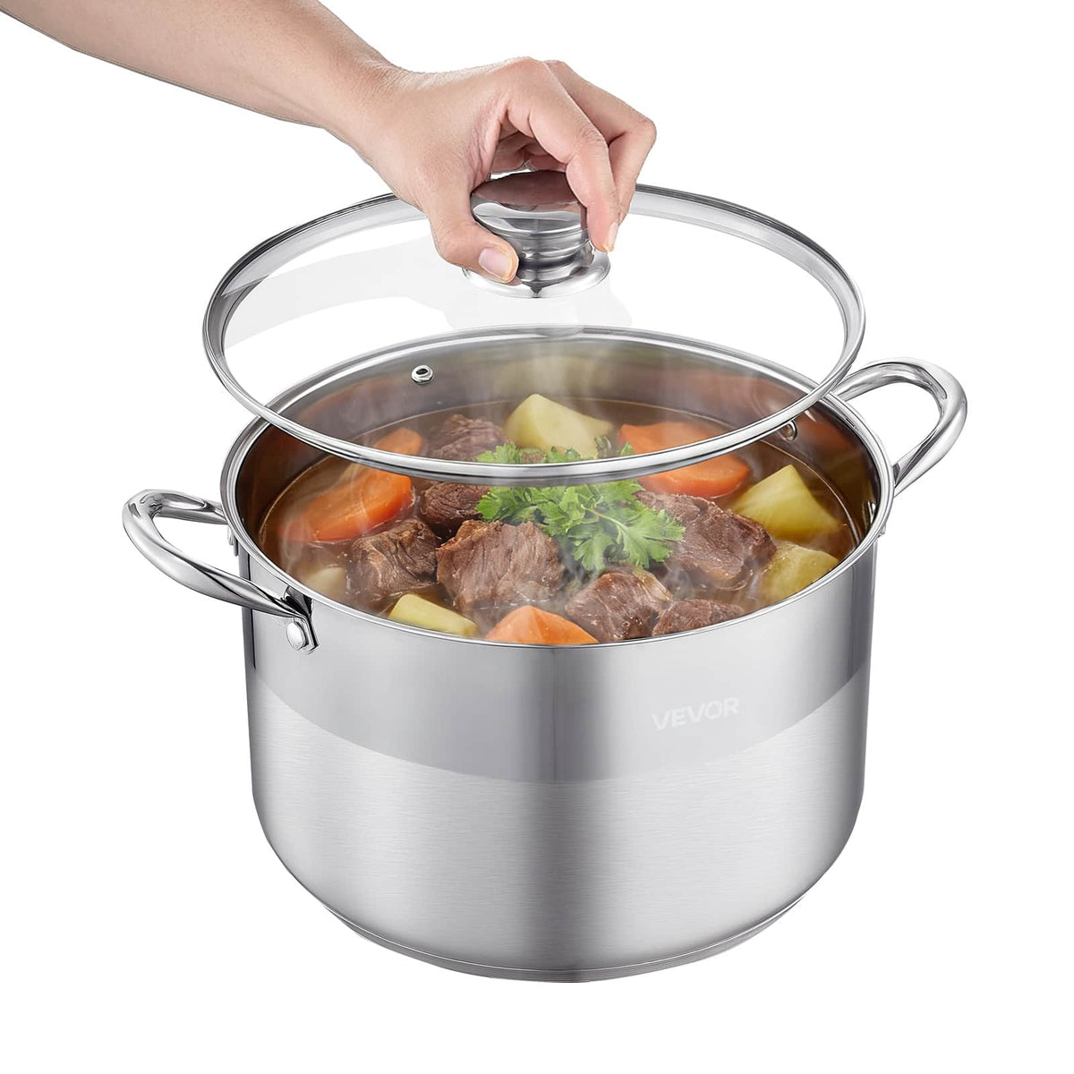 VEVOR - Stainless Steel Stock Pot, 12-Quart Stainless Steel Stockpot with Glass Lid, PFOA-Free, PFAS-Free, Compatible with Gas - Silver