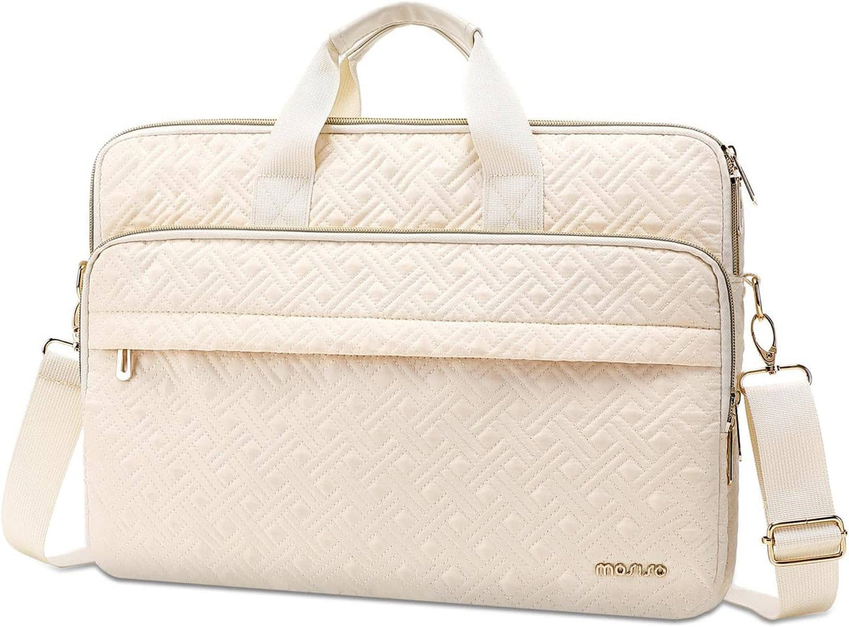 mosiso - 15-15.6 inch Laptop Bag for Women&Men, Double Line Rhombus Quilted Laptop Messenger Bag with 2 Front Pockets - Beige