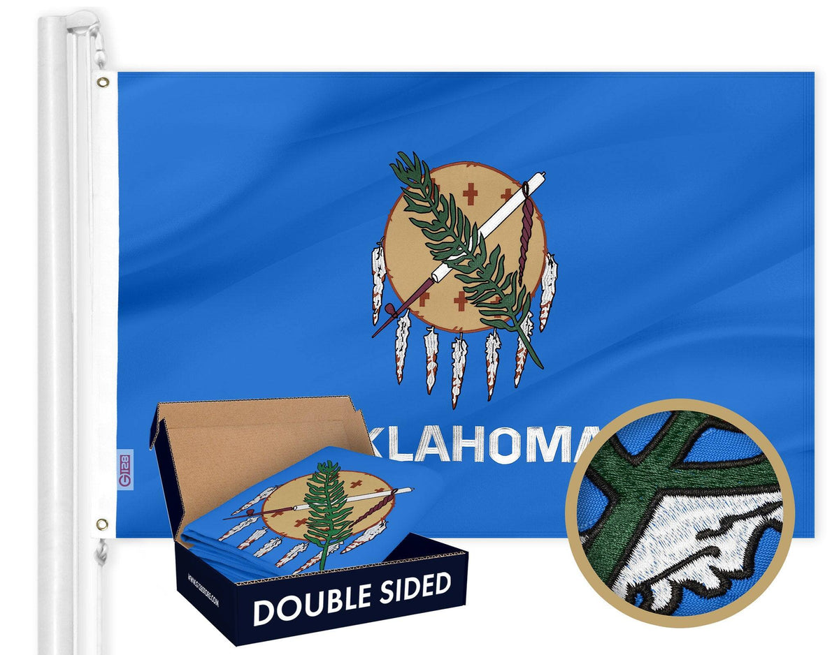 G128 - Oklahoma State Flag 3x5 Ft Double Sided 210D Embroidered Polyester 2-Ply - Blue