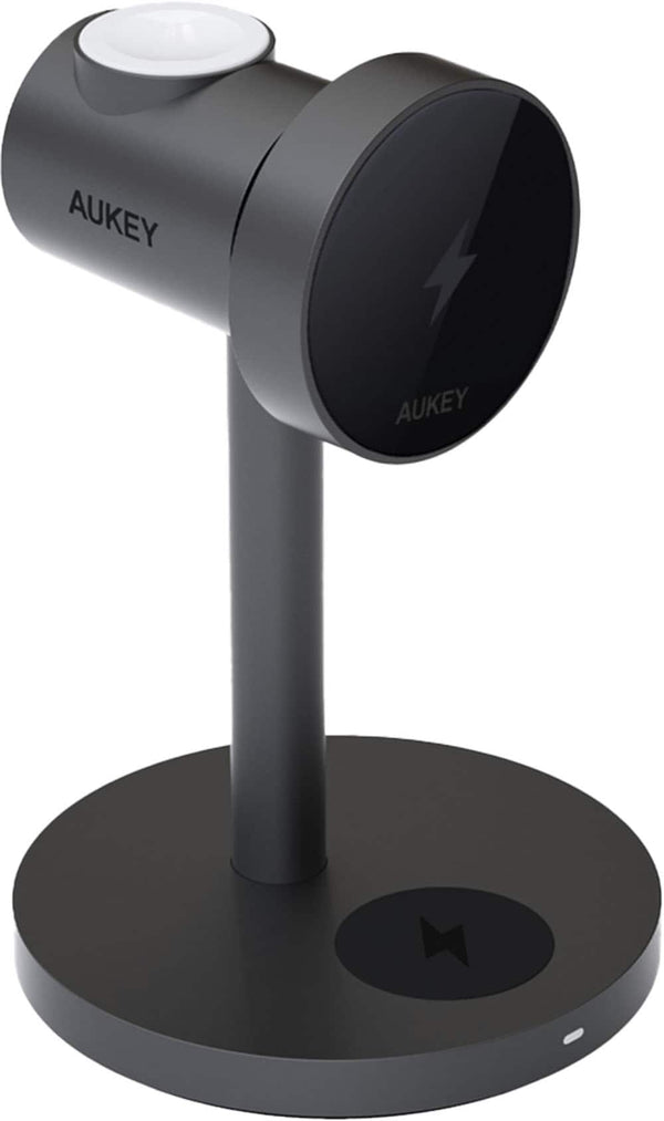 Aukey - MagFusion Magnetic Wireless Charging Station (Qi 2.0, 15W, 3-in-1) - Gray