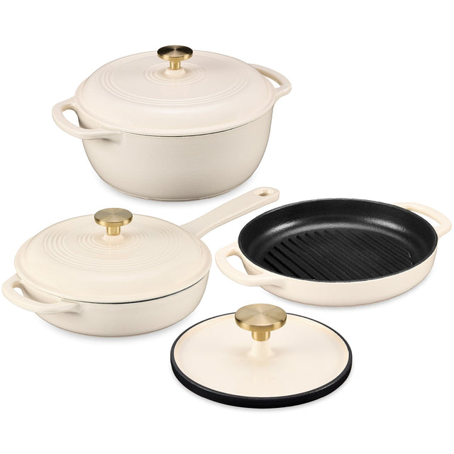 Front. Best Choice Products - Best Choice Products 6-PC Cast Iron Cookware Set, 6Qt Dutch Oven, 2Qt Skillet W/Lid, 10" Grill Pan W/Press - Vanilla - Vanilla.