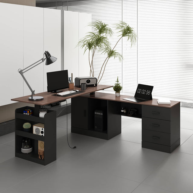 Front. FUFU & GAGA - L-Shaped Standing Desk 63" Adjustable Height Computer Desk with Storage Cabinet,Electric Sit Stand Desk for Home Office - Brown & Black.