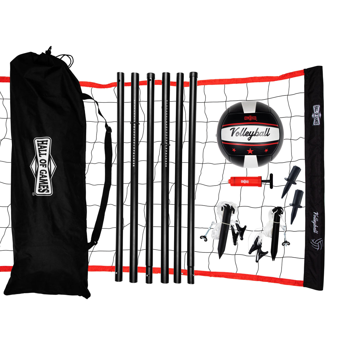 Hall of Games - 32-ft Outdoor Volleyball Net and Carrying Bag Set with Official Size Volleyball - White / Red / Black