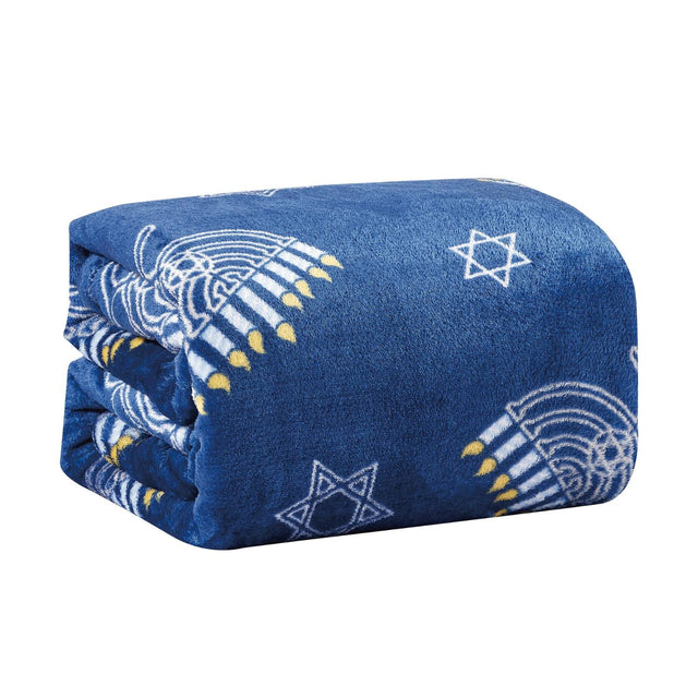Front. Noble House - Hannukah Micro Plush Decorative Throw Blanket 50" x 60" Blue by Plazatex - Blue.