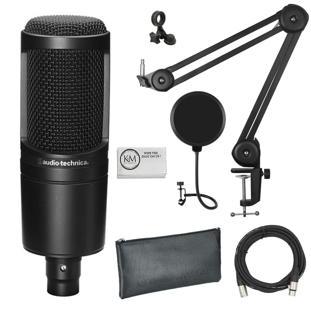 Audio-Technica - AT2020 Cardioid Condenser Microphone Bundle with XLR Cable + Microphone Arm + Pop Filter + Cleaning Cloth (5 Items)