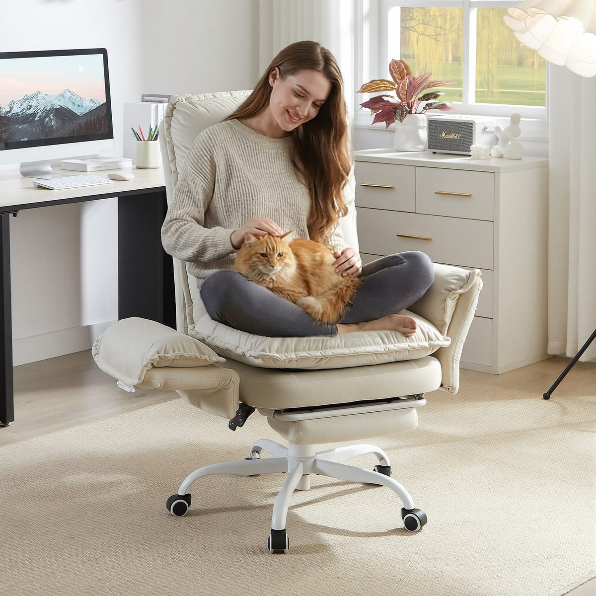 Bestier - Cross Legged Executive Office Chair, Velvet Ergonomic Desk Chair with Flip-Up Arms, Retractable Footrest & Side Pockets - White Suede