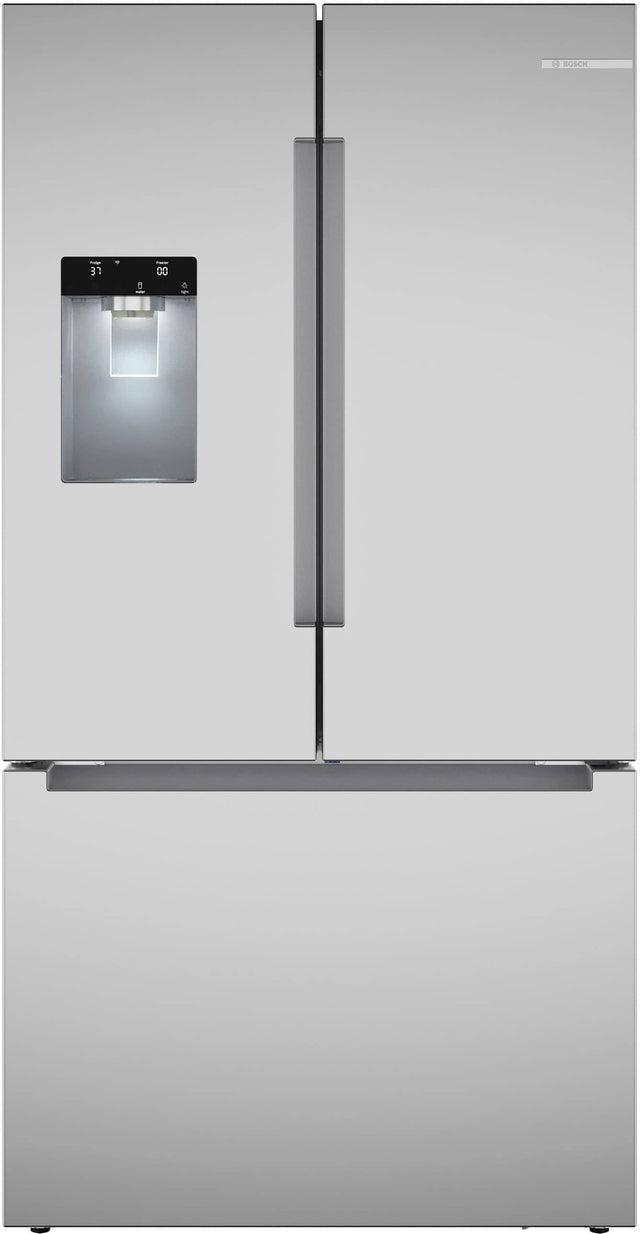 Front. Bosch - 100 Series 36 in. Wide 26 Cu. Ft. French Door Bottom Freezer Smart Refrigerator with External Ice and Water - Stainless Steel.
