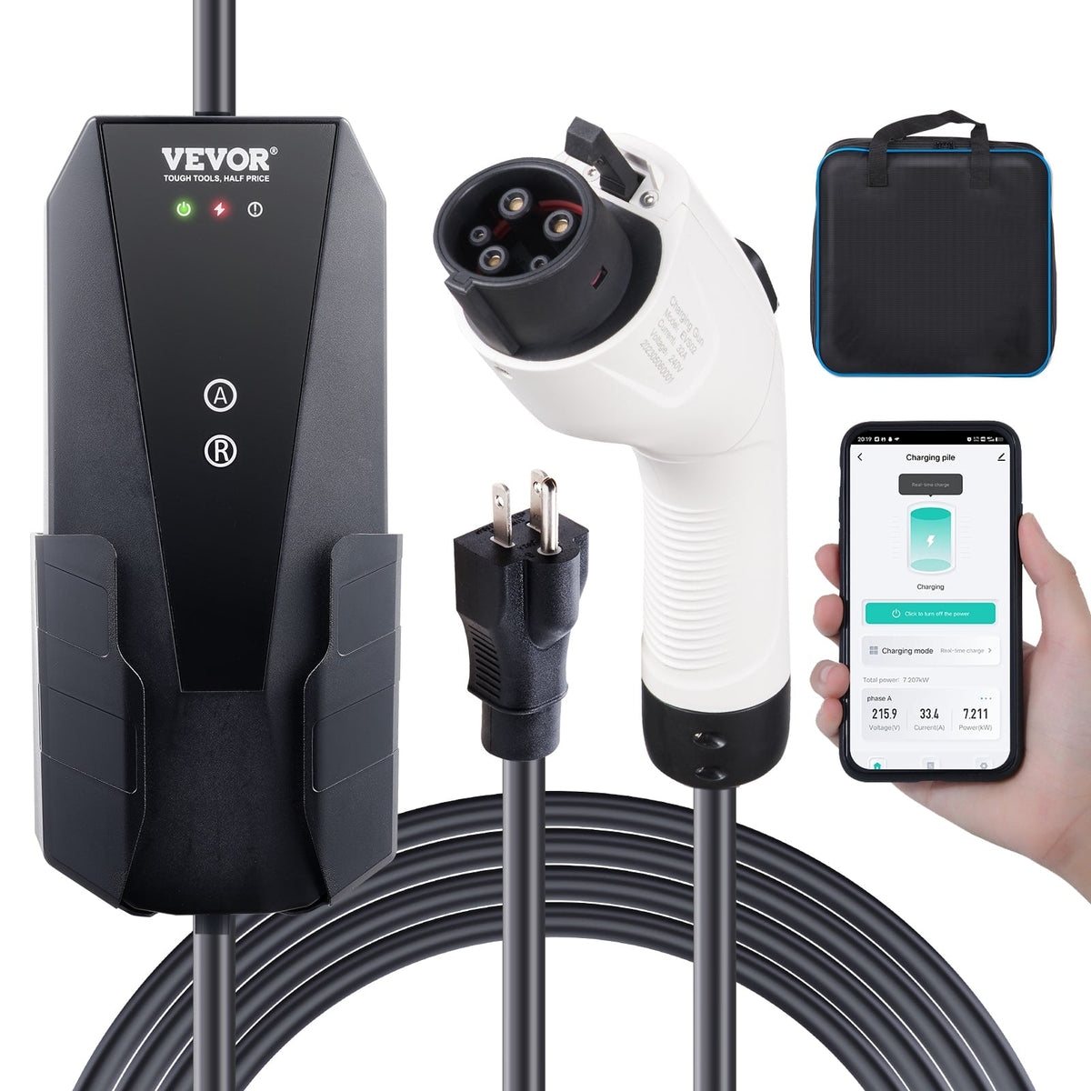 VEVOR - Level 1+2 Portable EV Charger, 16 Amp 120V or 240V, Electric Vehicle Charger with 28-Foot Charging Cable NEMA 6-20P