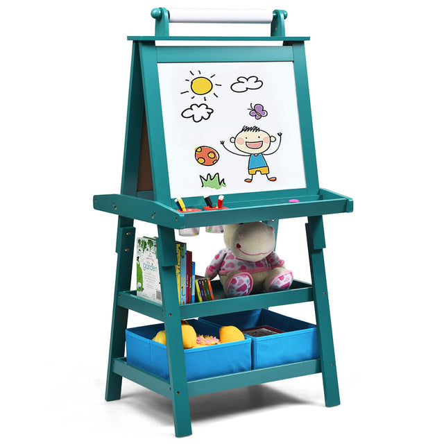 Front. Gymax - Gymax 3 in 1 Double-Sided Storage Art Easel w/Paint Cups for Kid Writing Teal Frosting - Teal Frosting.