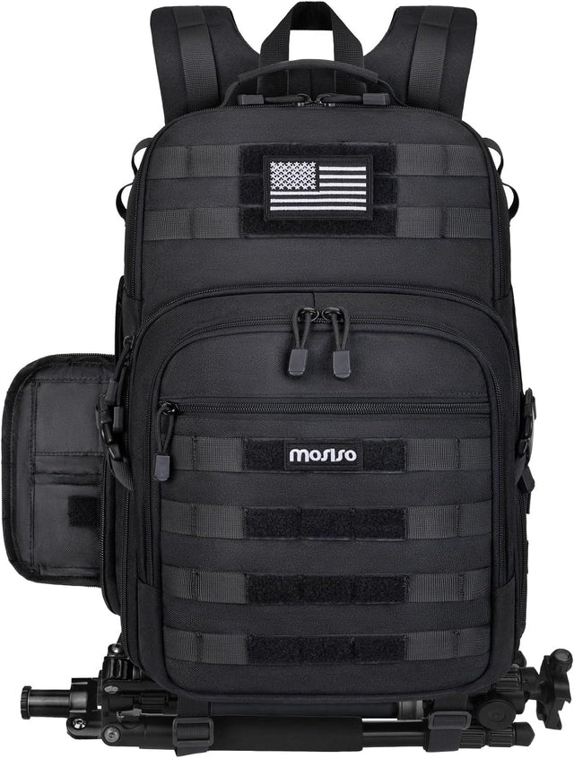 Front. mosiso - Camera Backpack with Laptop Compartment, Tactical Camera Bag Case  for Canon/Nikon/Sony DSLR/SLR/Mirrorless - Black.