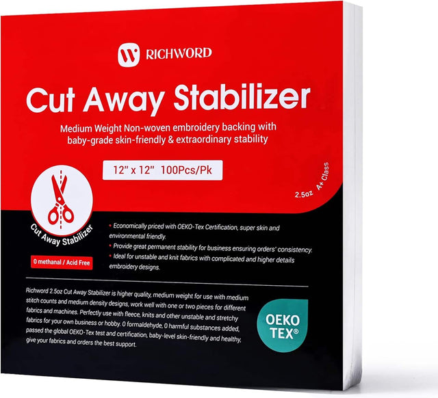 RICHWORD Cut Away Stabilizer  
Medium Weight Non-woven embroidery backing with baby-grade skin-friendly & extraordinary stability  
12" X 12" 100Pcs/Pk  
Class A+ 2.5oz  

Economically priced with OEKO-TEX Certification, super skin and Cut Stabilizer environmental friendly.  
Provide great permanent stability for business ensuring orders' consistency.  
Ideal for unstable and knit fabrics with 0 methanal / Acid complicated and higher details Free embroidery designs.  

Richword 2.5oz Cut Away Stabilizer is 