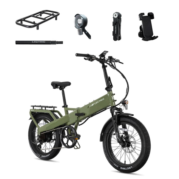 Lectric eBikes - XP4 750 Step-Over Foldable Long-Range eBike (Max 85mi/28mph) + LevelUp Rack/Seat Post/Elite Headlight/Lock/Phone Mount - Pine Green