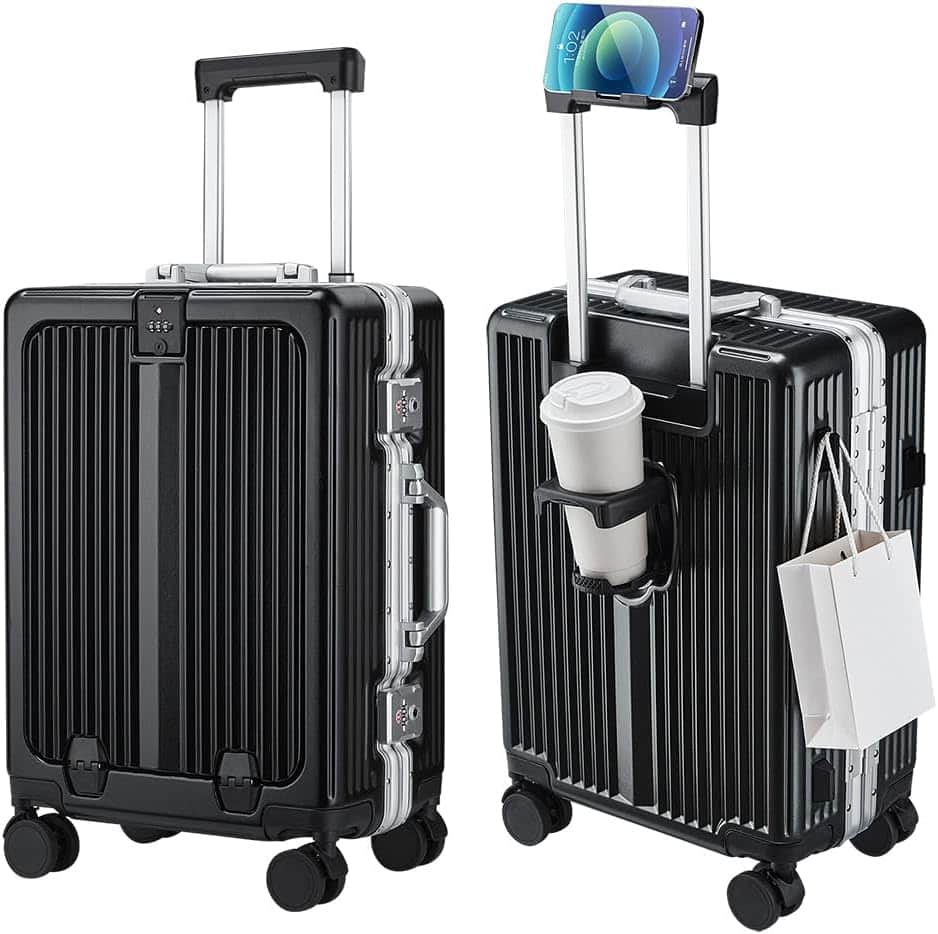 Quick Deer - 20 Inch Carry On Luggage with Front Pocket, Aluminum Frame Hardshell Suitcase with Spinner Wheels and Cup Holder - Black