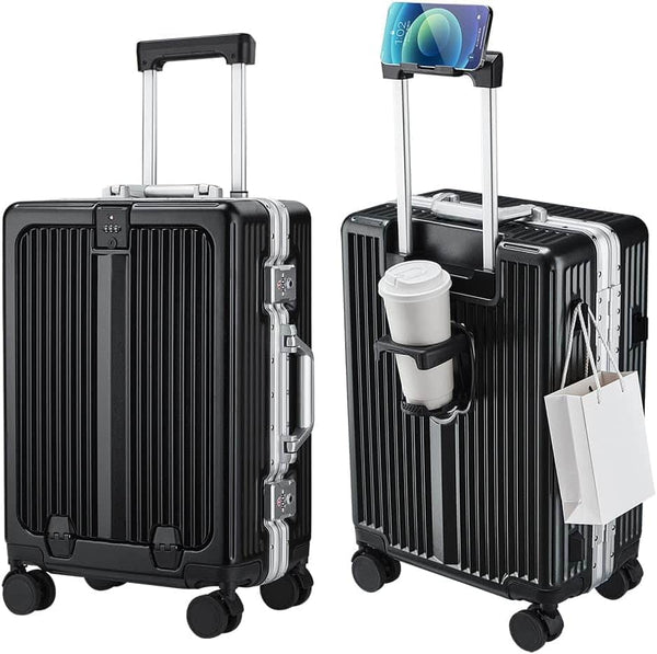 Quick Deer - 20 Inch Carry On Luggage with Front Pocket, Aluminum Frame Hardshell Suitcase with Spinner Wheels and Cup Holder - Black