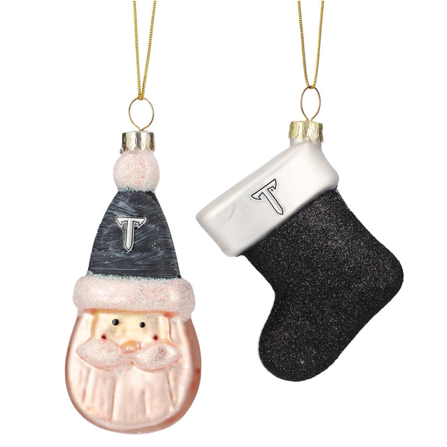 Front. The Memory Company - Troy University Trojans Two-Pack Santa & Stocking Blown Glass Ornament Set - Black.