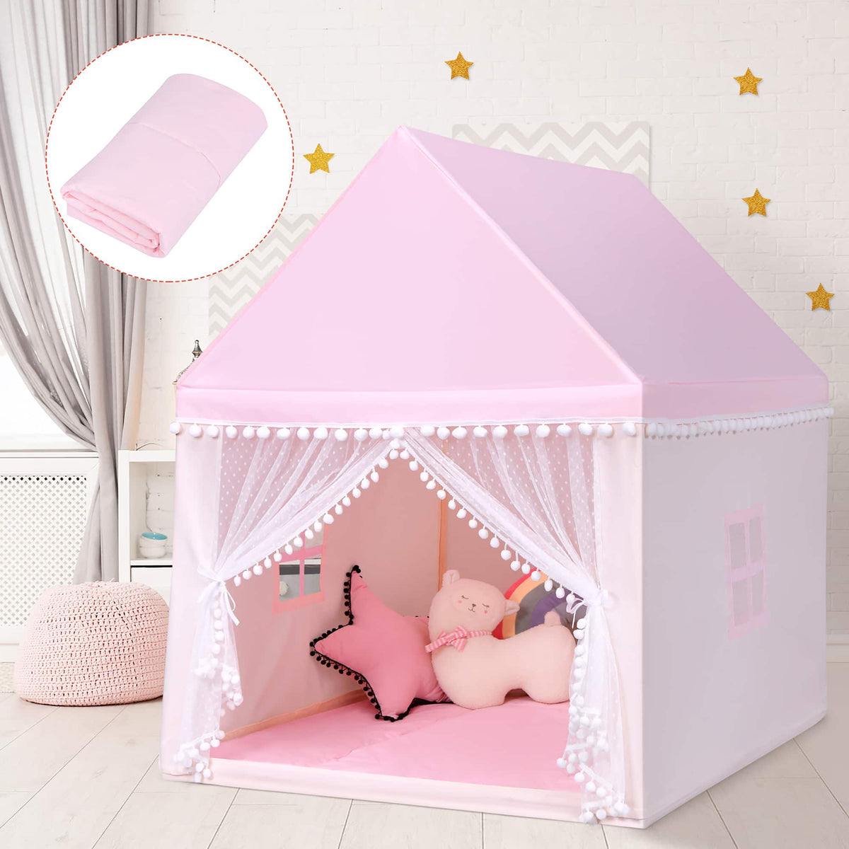 Costway - Kids Play Tent Large Playhouse Children Play Castle Fairy Tent Gift w/ Mat - Pink