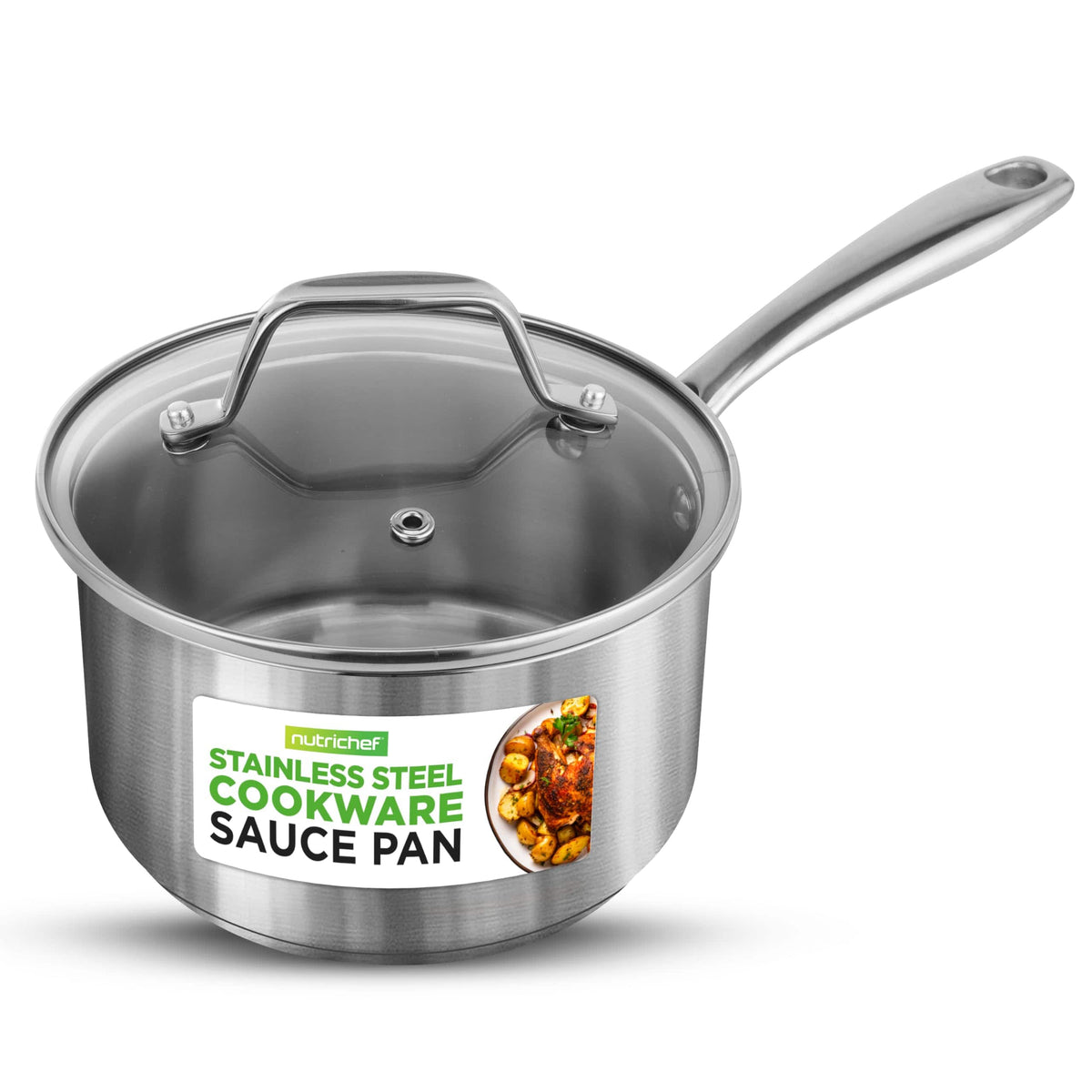 NutriChef - 2 Quart Stainless Steel Pot with Lid, Heavy Duty Saucepan for All Cooktops, Ergonomic Handles (NCSP2) - Gray