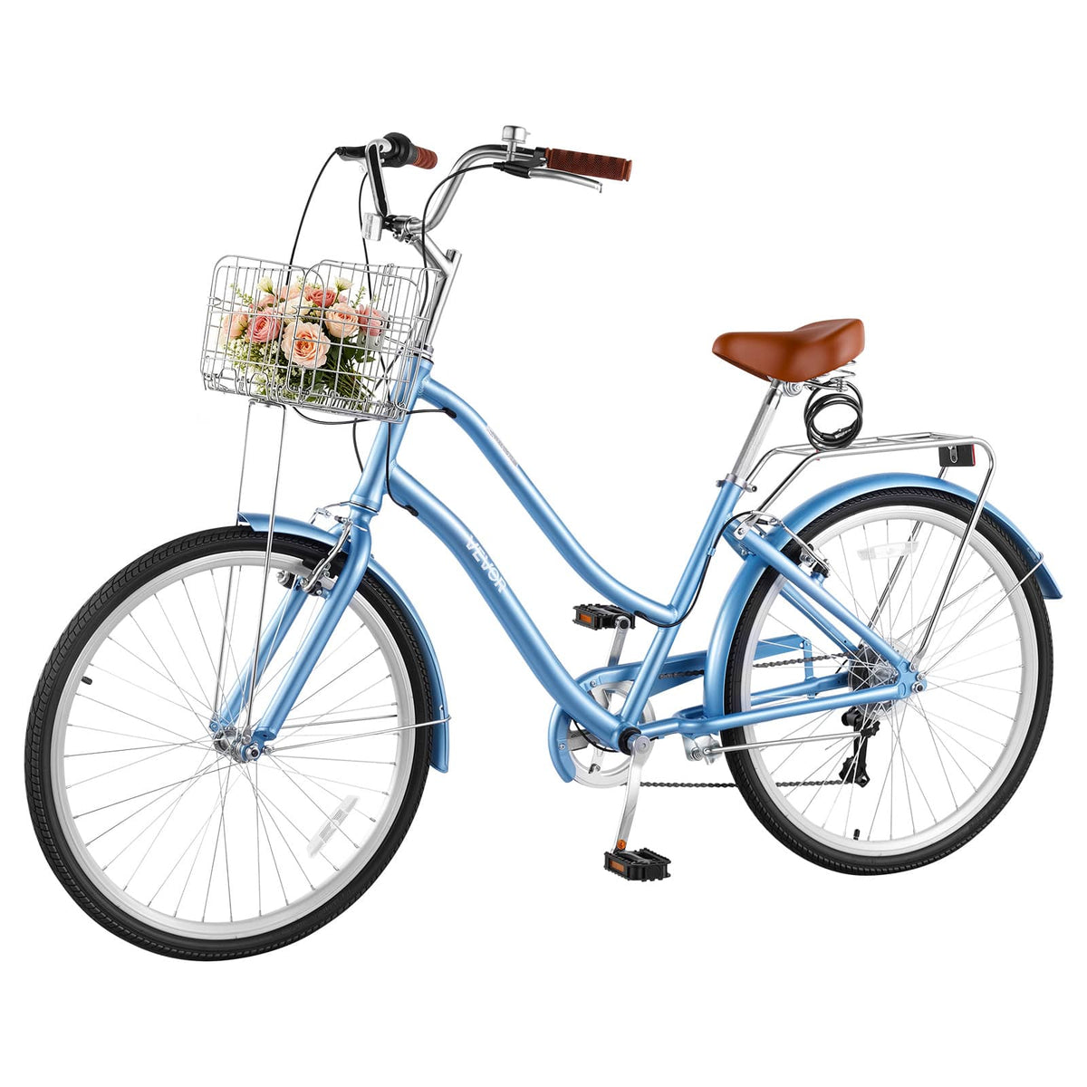 VEVOR - Women Bike, 26 in Beach Cruiser Bike, 7-Speed Adult City Bicycle with Aluminum Alloy Frame, 330 lbs Capacity, Basket - Light Blue