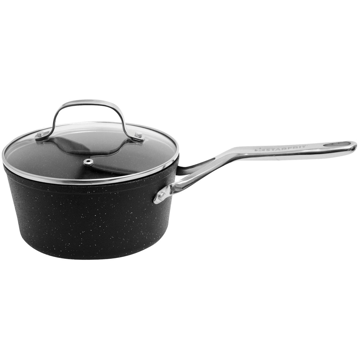 THE ROCK by Starfrit - Saucepan with Glass Lid and Stainless Steel Handles 3 Qt - Black