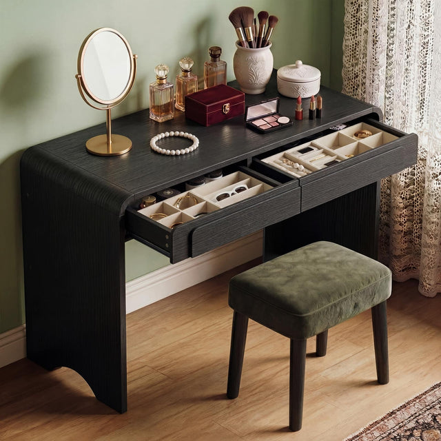 Front. Bestier - 47 Inch Modern Writing Desk with Arched Fluted & 2 Large Storage Drawers - Black Grained.