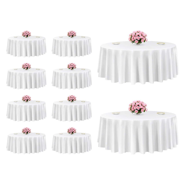Front. VEVOR - White Round Tablecloths 10 Pack, 120 Inches in Diameter, Stain- & Wrinkle- Resistant, Machine Washable Table Clothes - White.