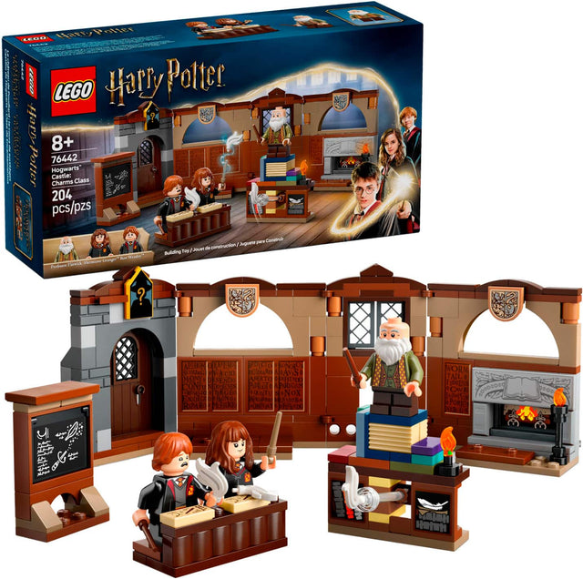 The image features a Lego Harry Potter Hogwarts Charms Castle playset, which includes a variety of figures and accessories. The playset is designed for children aged 8 and up, and it contains 204 pieces. The set includes a castle, a classroom, and a variety of characters, such as Harry Potter, Hermione Granger, and Ron Weasley. The figures are posed in various positions, and the playset also includes a dog and a broom. The overall scene is set up to create an engaging and immersive play experience for fans 